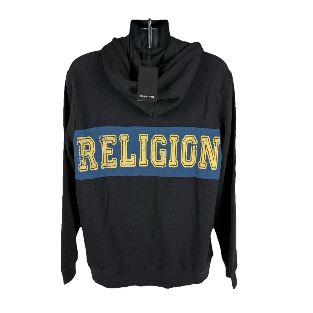 True Religion Contrast Panel Pullover Hoodie Men's XL Jet Black‎ Long Sleeve New